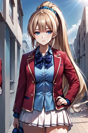 masterpiece, best quality, 8k, 8k UHD, ultra-high resolution, ultra-high definition, highres, cinematic lighting
,//Character, 
1girl, solo, long hair, scrunchie, hair scrunchie, very long hair, blue eyes, ponytail, bangshigh ponytail, blue scrunchie, brown hair, blonde hair, blunt bangsblue shirt, red jacket, bowtie, pleated_skirt
,//Fashion, 
,//Background, 
,//Others, ,Expressiveh