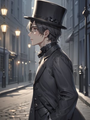 (Masterpiece, Best quality), (exterior night, image of a man, thin with very marked cheekbones, an aquiline nose and penetrating gray eyes, wearing elegant Victorian-era clothing, black clothes, a very dark gray top hat, outside at night on the street of old London) (finely detailed eyes), (finely detailed eyes and detailed face), (Extremely detailed CG, Ultra detailed, Best shadow), Beautiful conceptual illustration, full body, (illustration), (extremely fine and detailed), (Perfect details), (Depth of field)