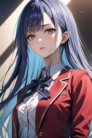 masterpiece, best quality, 8k, 8k UHD, ultra-high resolution, ultra-high definition, highres, cinematic lighting
,//Character, 
1girl, solo, haruka hasebe, 1girl, blue hair, long hair, mole, mole under eye, brown eyes
,//Fashion, 
white shirt, red jacket, bowtie, pleated_skirt
,//Background, 
,//Others, ,Expressiveh