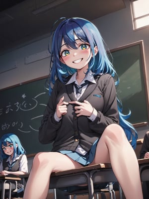 illustration, school uniform, grin, a hand cover mouth, opened clothes, foot, low angle, moody lighting, atmospheric, black background, cowboy shot, sit on desk, in class room, 
blue hair, “ざ～こ” with a cartoon-style speech bubble, looking down with half an eye,blue hair
