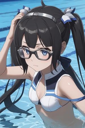 masterpiece, best quality, highres
,//Character, 
1girl,hestia, black hair, blue eyes,
twin tails/long hair, hair ornament
,//Fashion, 

,//Background, 
,//Others, ,Expressiveh, 
A young swimmer adjusting her goggles before a dive, focused and determined.
