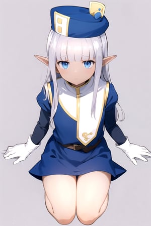 masterpiece, best quality
,//Character,
1girl, solo
,//Fashion, 
,//Background,
white_background, simple_background, blank_background
,//Others,
,Karla (kono healer mendokusai), white_hair, dark skin, dark-skinned female, blue headwear, leather_belt, blue_pants, tunic, blue_tunic, stole, blue_sleeves, white_gloves, blue_eyes, elf_ears, straight_hair, hime_cut, and blunt_bangs