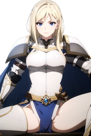 //Quality,
masterpiece, best quality
,//Character,
1girl, solo
,//Fashion, 
,//Background,
white_background
,//Others,
,spread legs, 
female knight, long hair, blue eyes, blonde hair, cape, armor, shoulder armor, gauntlets, pauldrons, breastplate, knight