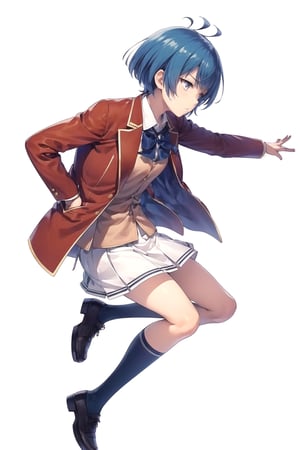 //Quality,
masterpiece, best quality
,//Character,
1girl, solo
,//Fashion,
,//Background,
white_background, simple_background
,//Others,
,1girl ibuki mio short hair blue hair,white skirt red jacket open jacket, arms at sides, full_body, from_side
