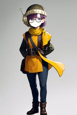//Quality,
masterpiece, best quality
,//Character,
1girl, solo
,//Fashion,
,//Background,
white_background, simple_background, blank_background
,//Others,
,Lucca_CT, purple hair, short hair, helmet, glasses, standing, yellow scarf,
