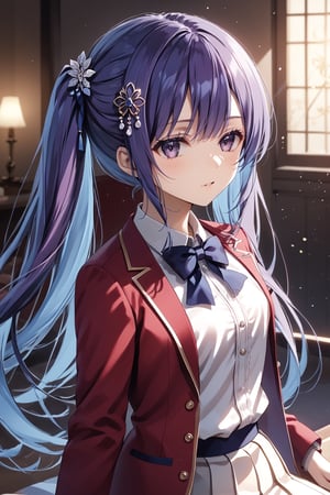 masterpiece, best quality, 8k, 8k UHD, ultra-high resolution, ultra-high definition, highres, cinematic lighting
,//Character, 
1girl, solo, ai morishita, hair ornament, long hair, purple eyes, bangs, hairclip, purple hair, blue hair, twintails, low twintails, x hair ornament, white shirt, red jacket, bowtie, pleated_skirt
,//Fashion, 
,//Background, 
,//Others, ,Expressiveh