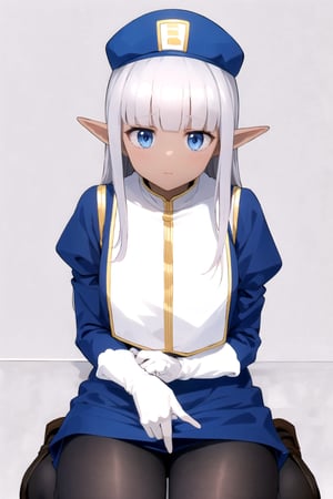 masterpiece, best quality
,//Character,
1girl, solo
,//Fashion, 
,//Background,
white_background, simple_background, blank_background
,//Others,
,Karla (kono healer mendokusai), white_hair, dark skin, dark-skinned female, blue headwear, leather_belt, blue_pants, tunic, blue_tunic, stole, blue_sleeves, white_gloves, blue_eyes, elf_ears, straight_hair, hime_cut, and blunt_bangs