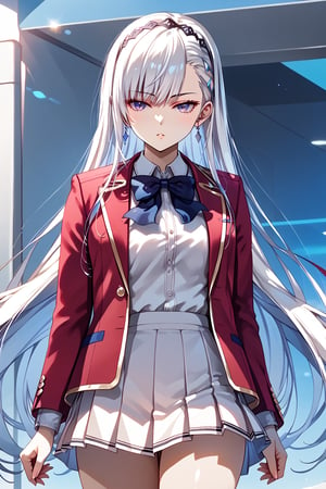 masterpiece, best quality, 8k, 8k UHD, ultra-high resolution, ultra-high definition, highres, cinematic lighting
,//Character, 
1girl, solo, fuka kiryuin, long hair, 1girl, purple eyes, hairband, bangs, asymmetrical bangs, white hair
,//Fashion, 
white shirt, red jacket, bowtie, pleated_skirt
,//Background, 
,//Others, ,Expressiveh