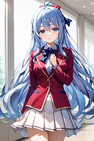 masterpiece, best quality, 8k, 8k UHD, ultra-high resolution, ultra-high definition, highres, cinematic lighting
,//Character, 
1girl, solo, hiyori shiina, 1girl, long hair, very long hair, blue eyes, hair ribbon, ribbon, blue hair, hair bow, hair between eyes
,//Fashion, 
white shirt, red jacket, bowtie, pleated_skirt
,//Background, 
,//Others, ,Expressiveh