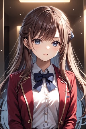 masterpiece, best quality, 8k, 8k UHD, ultra-high resolution, ultra-high definition, highres, cinematic lighting
,//Character, 
1girl, solo, chiaki matsushita, 1girl, brown hair, long hair, blue eyes, bangs, very long hair
,//Fashion, 
white shirt, red jacket, bowtie, pleated_skirt
,//Background, 
,//Others, ,Expressiveh