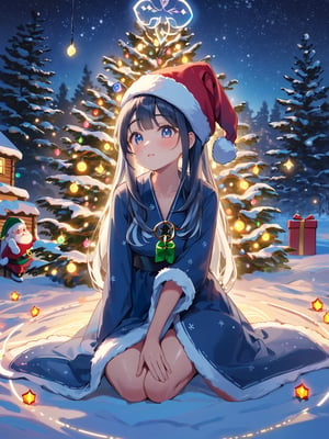 (masterpiece, top quality, best quality, highres, extremely detailed CG, 8k:1.2),
(Illustration, focus, perfect lighting, :1.0), (official art, beautiful and aesthetic:1.0), 
santa, night with bright colorful lights, When the magic circle on the ground is activated, Santa sitting,shigure \(blue archive\)