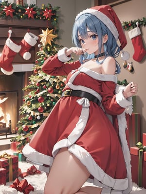 girl, santa costume,christmas, (decorate santa house together, Decorate the Christmas tre),shigure \(blue archive\),