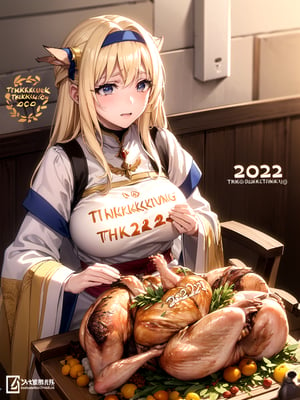 Seiza, ("THANKS GIVING 2023" text logo decorated, roasted turkey on your lap:1.4), palms together, offering a prayer of thanksgiving, tears of gratitude, blushing, looking_at_viewer, cowboy_shot, underwear,priestess, 
