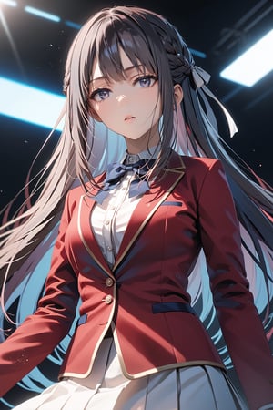 masterpiece, best quality, 8k, 8k UHD, ultra-high resolution, ultra-high definition, highres, cinematic lighting
,//Character, 
1girl, solo, suzune horikita, long hair, black hair, braid, purple eyes, very long hair, ribbon, hair ribbon, bangswhite shirt, red jacket, bowtie, pleated_skirt
,//Fashion, 
,//Background, 
,//Others, ,Expressiveh