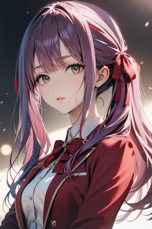 masterpiece, best quality, 8k, 8k UHD, ultra-high resolution, ultra-high definition, highres, cinematic lighting
,//Character, 
1girl, solo, ichika amasawa, 1girl, long hair, sidelocks, bangs, brown eyes, ribbon, hair between eyes, hair ribbon, red ribbon, purple hair, pink hair, twintails
,//Fashion, 
white shirt, red jacket, bowtie, pleated_skirt
,//Background, 
,//Others, ,Expressiveh