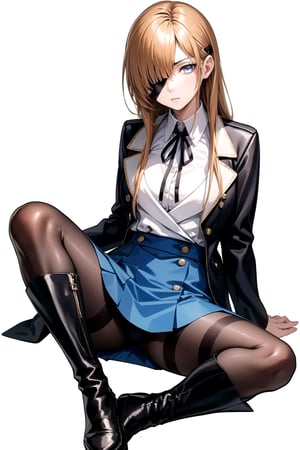 //Quality,
masterpiece, best quality
,//Character,
1girl, solo
,//Fashion, 
,//Background,
white_background
,//Others,
,spread legs
,Ophelia, long hair, blue eyes, skirt, brown hair, shirt, long sleeves, ribbon, jacket, white shirt, pantyhose, boots, collared shirt, blue skirt, black jacket, black pantyhose, black ribbon, neck ribbon, brown footwear, eyepatch, knee boots