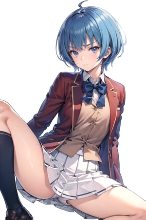 //Quality,
masterpiece, best quality
,//Character,
1girl, solo
,//Fashion, 
,//Background,
white_background
,//Others,
,spread legs, 
,1girl ibuki mio short hair blue hair, white skirt red jacket open jacket