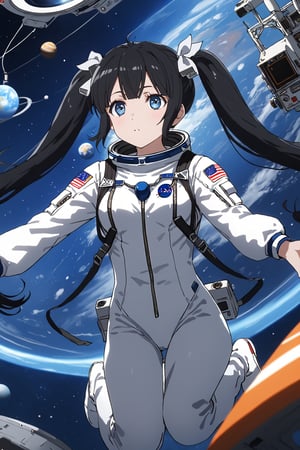 masterpiece, best quality, highres
,//Character, 
1girl,hestia, black hair, blue eyes,
twin tails/long hair, hair ornament
,//Fashion, 

,//Background, 
,//Others, ,Expressiveh, 
A female astronaut floating in zero gravity, adjusting scientific equipment