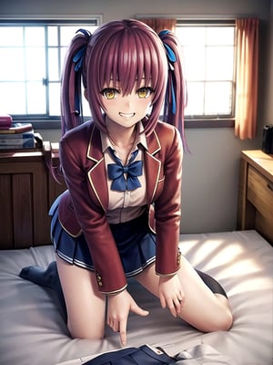 //Quality,
masterpiece, best quality
,//Character,
,//Fashion,
,//Background,
,//Others,
long hair, chest, looking at viewer, blush, smile, bangs, skirt, shirt, thigh-high socks, long sleeves, bow, ribbon, hair between the eyes, twintails, school uniform, jacket, hair ribbon, yellow eyes , red hair, pleated skirt, teeth, collared shirt, black stockings, indoors, miniskirt, bow tie, grin, absolute area, bed, on the bed, blue ribbon, white skirt, crawling on all fours, red jacket,1girl amasawa ichika