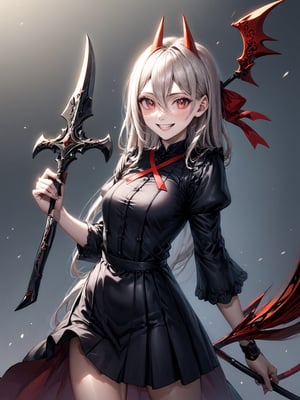 //Quality,
photo r3al, detailmaster2, masterpiece, photorealistic, 8k, 8k UHD, best quality, ultra realistic, ultra detailed, hyperdetailed photography, real photo
,//Character,
1girl, solo
,//Fashion,
,//Background,
,//Others,
,powerdef, sharp teeth, grin, holding scythe, red scythe, cross-shaped pupils