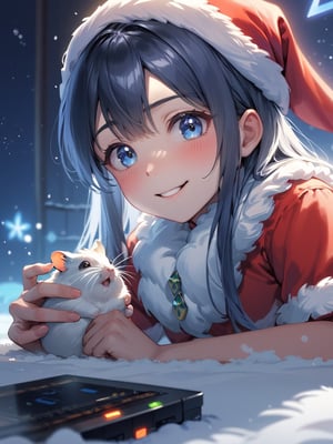 ultra realistic 8k cg, cinematic lighting, cool face, cool eyes, Santa playing with a hamster, sloppy smile,shigure \(blue archive\)