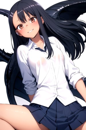 //Quality,
masterpiece, best quality
,//Character,
1girl, solo
,//Fashion, 
,//Background,
white_background
,//Others,
,spread legs
,nagatoro hayase, hair ornament, brown eyes,(glowing eyes:1.1), hairclip,dark skin, black hair,school uniform, black hair, beautiful face, evil smile, evil eyes,incredibly absurdres