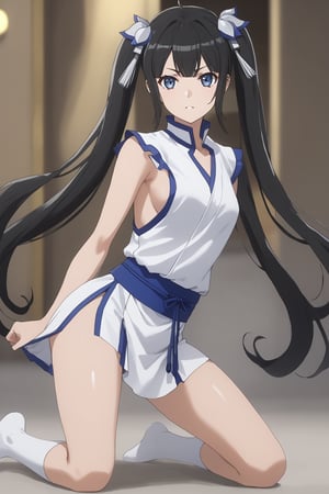 masterpiece, best quality, highres
,//Character, 
1girl,hestia, black hair, blue eyes,
twin tails/long hair, hair ornament
,//Fashion, 

,//Background, 
,//Others, ,Expressiveh, 
A martial artist mid-kick, her gi revealing a glimpse of athletic physique.