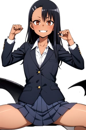 //Quality,
masterpiece, best quality
,//Character,
1girl, solo
,//Fashion, 
,//Background,
white_background
,//Others,
,spread legs
,nagatoro hayase, hair ornament, brown eyes,(glowing eyes:1.1), hairclip,dark skin, black hair,school uniform, black hair, beautiful face, evil smile, evil eyes