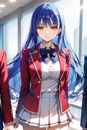 masterpiece, best quality, 8k, 8k UHD, ultra-high resolution, ultra-high definition, highres, cinematic lighting
,//Character, 
1girl, solo, haruka hasebe, 1girl, blue hair, long hair, mole, mole under eye, brown eyes
,//Fashion, 
white shirt, red jacket, bowtie, pleated_skirt
,//Background, 
,//Others, ,Expressiveh