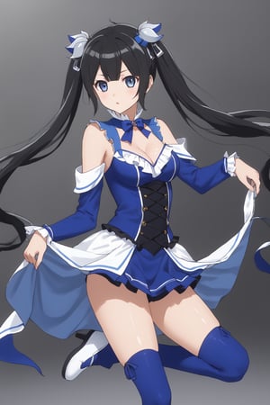 masterpiece, best quality, highres
,//Character, 
1girl,hestia, black hair, blue eyes,
twin tails/long hair, hair ornament
,//Fashion, 

,//Background, 
,//Others, ,Expressiveh, 
A figure skater in a dazzling costume, executing a spin with flowing movement.