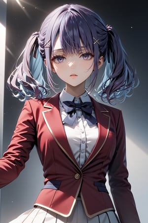 masterpiece, best quality, 8k, 8k UHD, ultra-high resolution, ultra-high definition, highres, cinematic lighting
,//Character, 
1girl, solo, ai morishita, hair ornament, long hair, purple eyes, bangs, hairclip, purple hair, blue hair, twintails, low twintails, x hair ornament, white shirt, red jacket, bowtie, pleated_skirt
,//Fashion, 
,//Background, 
,//Others, ,Expressiveh