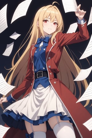 score_9,score_8_up,score_7_up,score_6_up, source_anime, masterpiece, best quality, 8k, 8k UHD, ultra-high resolution, ultra-high definition, highres, cinematic lighting
,//Character, 
1girl, solo,Terakomari, long hair, blonde hair, red eyes, ahoge
,//Fashion, 
red coat, belt buckle, blue bowtie, long sleeves, white skirt, bow, white thighhighs, garter straps
,//Background, 
,//Others, ,Expressiveh,
A clumsy girl surrounded by floating books and papers, trying to catch them mid-air.