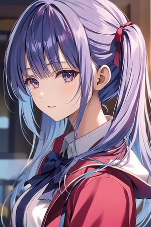 masterpiece, best quality, 8k, 8k UHD, ultra-high resolution, ultra-high definition, highres, cinematic lighting
,//Character, 
1girl, solo, ai morishita, hair ornament, long hair, purple eyes, bangs, hairclip, purple hair, blue hair, twintails, low twintails, x hair ornament, white shirt, red jacket, bowtie, pleated_skirt
,//Fashion, 
,//Background, 
,//Others, ,Expressiveh