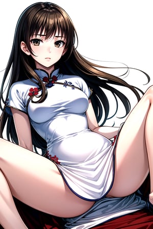 //Quality,
masterpiece, best quality
,//Character,
1girl, solo
,//Fashion, 
,//Background,
white_background
,//Others,
,spread legs, brown hair, long hair (white Chinese dress), alone, beautiful woman, long skirt