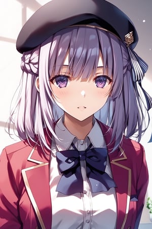 masterpiece, best quality, 8k, 8k UHD, ultra-high resolution, ultra-high definition, highres, cinematic lighting
,//Character, 
1girl, solo, arisu sakayanagi, 1girl, bangs, hat, bow, black headwear, ribbon, blunt bangs, light purple hair, hair ribbon, braid, striped, purple eyes, purple eyes, french braid, grey hair, medium hair
,//Fashion, 
white shirt, red jacket, bowtie, pleated_skirt
,//Background, 
,//Others, ,Expressiveh