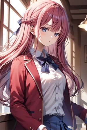 masterpiece, best quality, 8k, 8k UHD, ultra-high resolution, ultra-high definition, highres, cinematic lighting
,//Character, 
1girl, solo, honami ichinose, 1girl, long hair, blue eyes, pink hair, bangs, very long hair, hair between eyes
,//Fashion, 
white shirt, red jacket, bowtie, pleated_skirt
,//Background, 
,//Others, ,Expressiveh