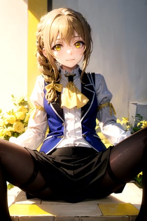 //Quality,
masterpiece, best quality
,//Character,
1girl, solo
,//Fashion, 
,//Background,
white_background
,//Others,
,spread legs, 
,guild girl, long hair, brown hair, (yellow eyes:1.5), braid, single braid, smile,BREAK skirt, shirt, long sleeves, white shirt, pantyhose, black skirt, vest, long skirt, yellow ribbon, ascot, yellow ascot