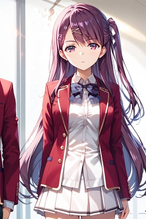 masterpiece, best quality, 8k, 8k UHD, ultra-high resolution, ultra-high definition, highres, cinematic lighting
,//Character, 
1girl, solo, masumi kamuro, 1girl, long hair, hairclip, hair ornament, purple eyes, one side up, purple hair, ribbon, hair ribbon, very long hair
,//Fashion, 
white shirt, red jacket, bowtie, pleated_skirt
,//Background, 
,//Others, ,Expressiveh