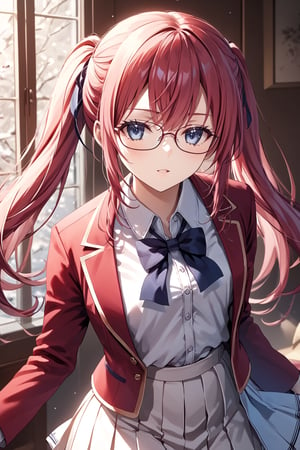 masterpiece, best quality, 8k, 8k UHD, ultra-high resolution, ultra-high definition, highres, cinematic lighting
,//Character, 
1girl, solo, airi sakura, glasses, very long hair, blue eyes, twintails, red hair, low twintails, pink hairwhite shirt, red jacket, bowtie, pleated_skirt
,//Fashion, 
,//Background, 
,//Others, ,Expressiveh