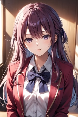 masterpiece, best quality, 8k, 8k UHD, ultra-high resolution, ultra-high definition, highres, cinematic lighting
,//Character, 
1girl, solo, sakurako tsubaki, purple eyes, bangs, long hair, parted lips, hair between eyes, medium hair
,//Fashion, 
white shirt, red jacket, bowtie, pleated_skirt
,//Background, 
,//Others, ,Expressiveh