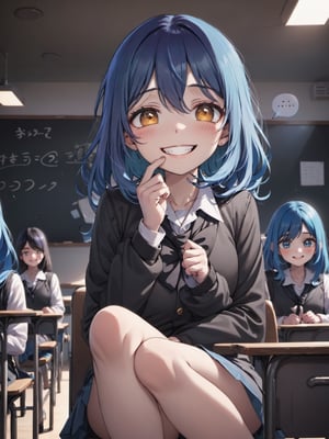 illustration, school uniform, grin, a hand cover mouth, opened clothes, foot, low angle, moody lighting, atmospheric, black background, cowboy shot, sit on desk, in class room, 
blue hair, “ざ～こ” with a cartoon-style speech bubble, looking down with half an eye,blue hair
