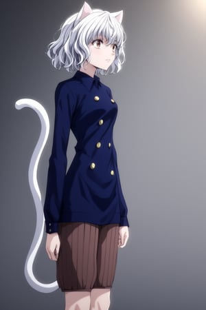 masterpiece, best quality, 8k, 8k UHD, ultra-high resolution, ultra-high definition, highres, cinematic lighting
,//Character, 
1girl, solo, ,hxhpitou, white hair, short hair, wavy hair, cat ears, cat tail
,//Fashion, 
long sleeves, blue shirt, brown shorts, socks, shoes
,//Background, 
,//Others, ,Expressiveh,
A woman conductor leading an orchestra in an amphitheater carved into a cliff face.