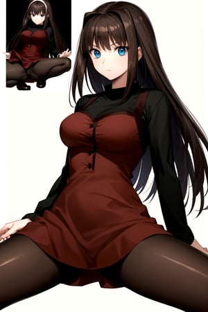 //Quality,
masterpiece, best quality
,//Character,
1girl, solo
,//Fashion, 
,//Background,
white_background
,//Others,
,spread legs, 
,aaaoko, long hair, brown hair, black shirt, red dress, long sleeves, black pantyhose