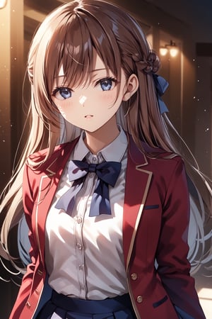 masterpiece, best quality, 8k, 8k UHD, ultra-high resolution, ultra-high definition, highres, cinematic lighting
,//Character, 
1girl, solo, chiaki matsushita, 1girl, brown hair, long hair, blue eyes, bangs, very long hair
,//Fashion, 
white shirt, red jacket, bowtie, pleated_skirt
,//Background, 
,//Others, ,Expressiveh