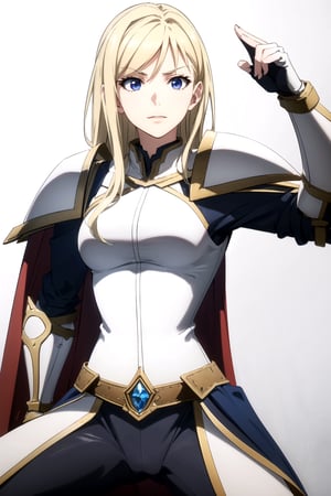 //Quality,
masterpiece, best quality
,//Character,
1girl, solo
,//Fashion, 
,//Background,
white_background
,//Others,
,spread legs, 
female knight, long hair, blue eyes, blonde hair, cape, armor, shoulder armor, gauntlets, pauldrons, breastplate, knight