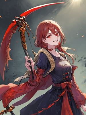 //Quality,
photo r3al, detailmaster2, masterpiece, photorealistic, 8k, 8k UHD, best quality, ultra realistic, ultra detailed, hyperdetailed photography, real photo
,//Character,
1girl, solo
,//Fashion,
,//Background,
,//Others,
,powerdef, sharp teeth, grin, holding scythe, red scythe, cross-shaped pupils