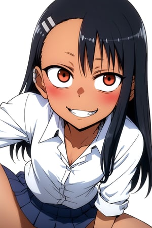 //Quality,
masterpiece, best quality
,//Character,
1girl, solo
,//Fashion, 
,//Background,
white_background
,//Others,
,spread legs
,nagatoro hayase, hair ornament, brown eyes,(glowing eyes:1.1), hairclip,dark skin, black hair,school uniform, black hair, beautiful face, evil smile, evil eyes