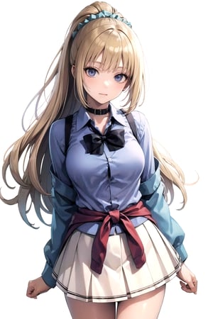 //Quality,
masterpiece, best quality
,//Character,
1girl, solo
,//Fashion, 
,//Background,
white_background
,//Others,
,spread legs, 
,aakei, long hair, blonde hair, ponytail, hair scrunchie, blue bowtie, collared shirt, blue shirt, sleeves rolled up, clothes around waist, pleated skirt, white skirt
