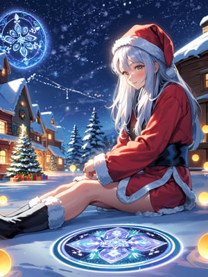 (masterpiece, top quality, best quality, highres, extremely detailed CG, 8k:1.2),
(Illustration, focus, perfect lighting, :1.0), (official art, beautiful and aesthetic:1.0), 
santa, night with bright colorful lights, When the magic circle on the ground is activated, Santa sitting,shigure \(blue archive\)