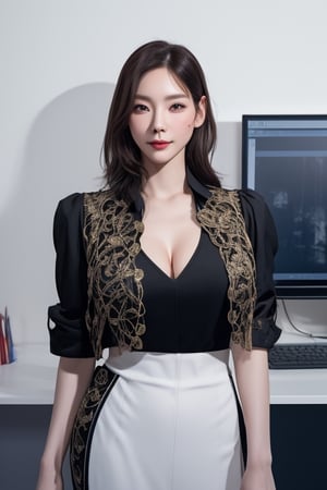 uniforms,thick_eyebrows,cleavage cutout,realistic,photorealistic,4k,high res,detailed,high detail,intricate,masterpiece,taeyeonlorashy,detail face, water, eye to eye,model pose, office look,smile,full body